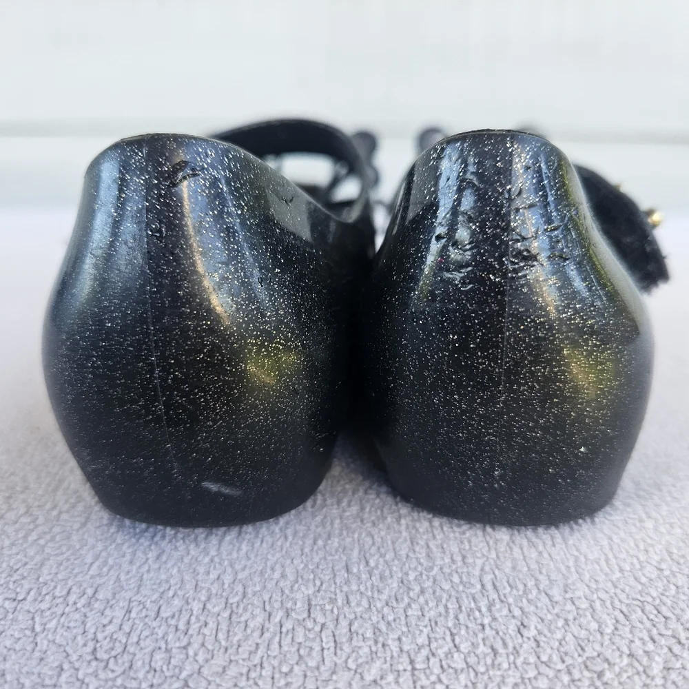 Mini Melissa Ultragirl Black Sparkle Bow Mary Jane Jelly Flats SZ 8 Hook & Loop